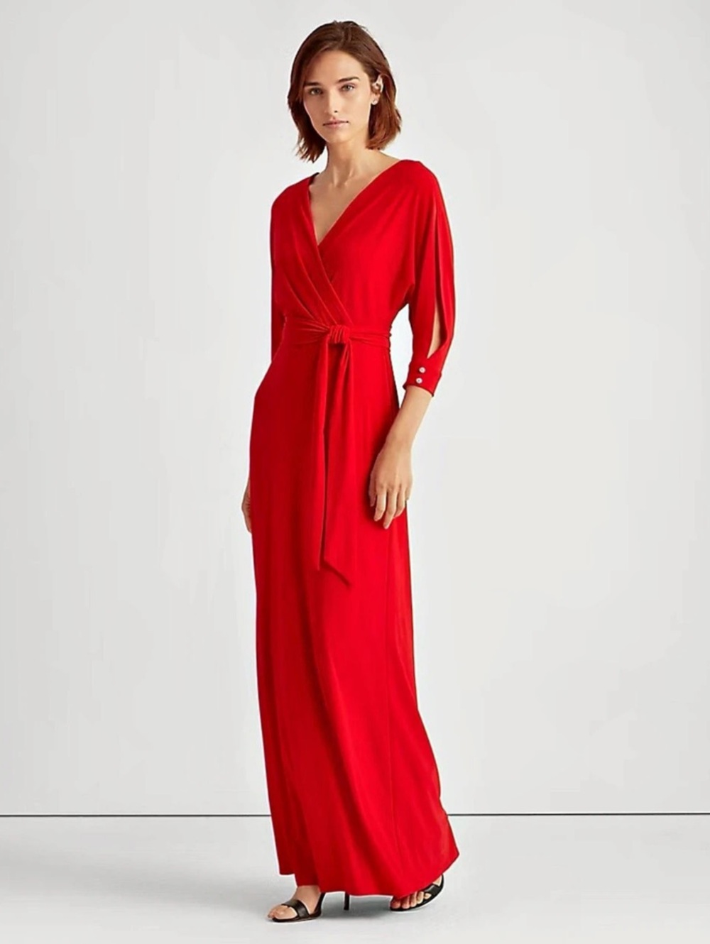 NWT Lauren Ralph Lauren Jersey Maxi Dress Orient Red Size 4 Tie Waist 3/4 Sleeve